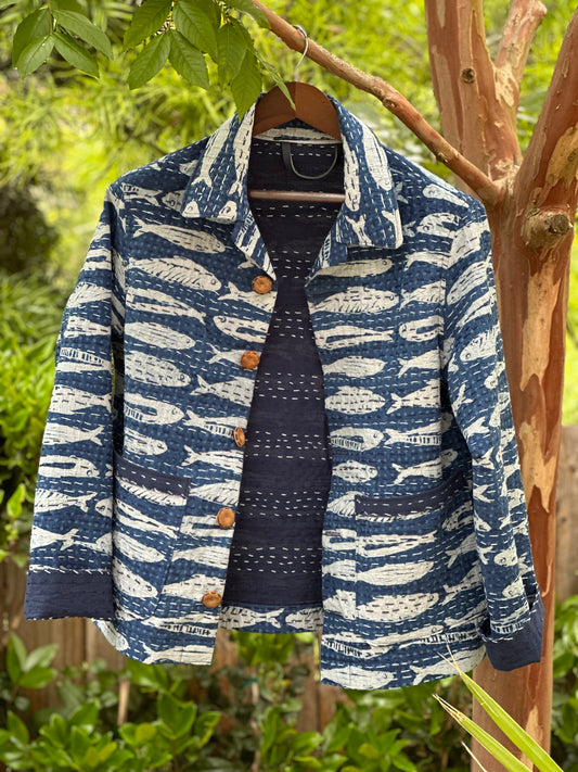 Blue Indigo Cotton Kantha Quilt Gudari Campfire Coat Small