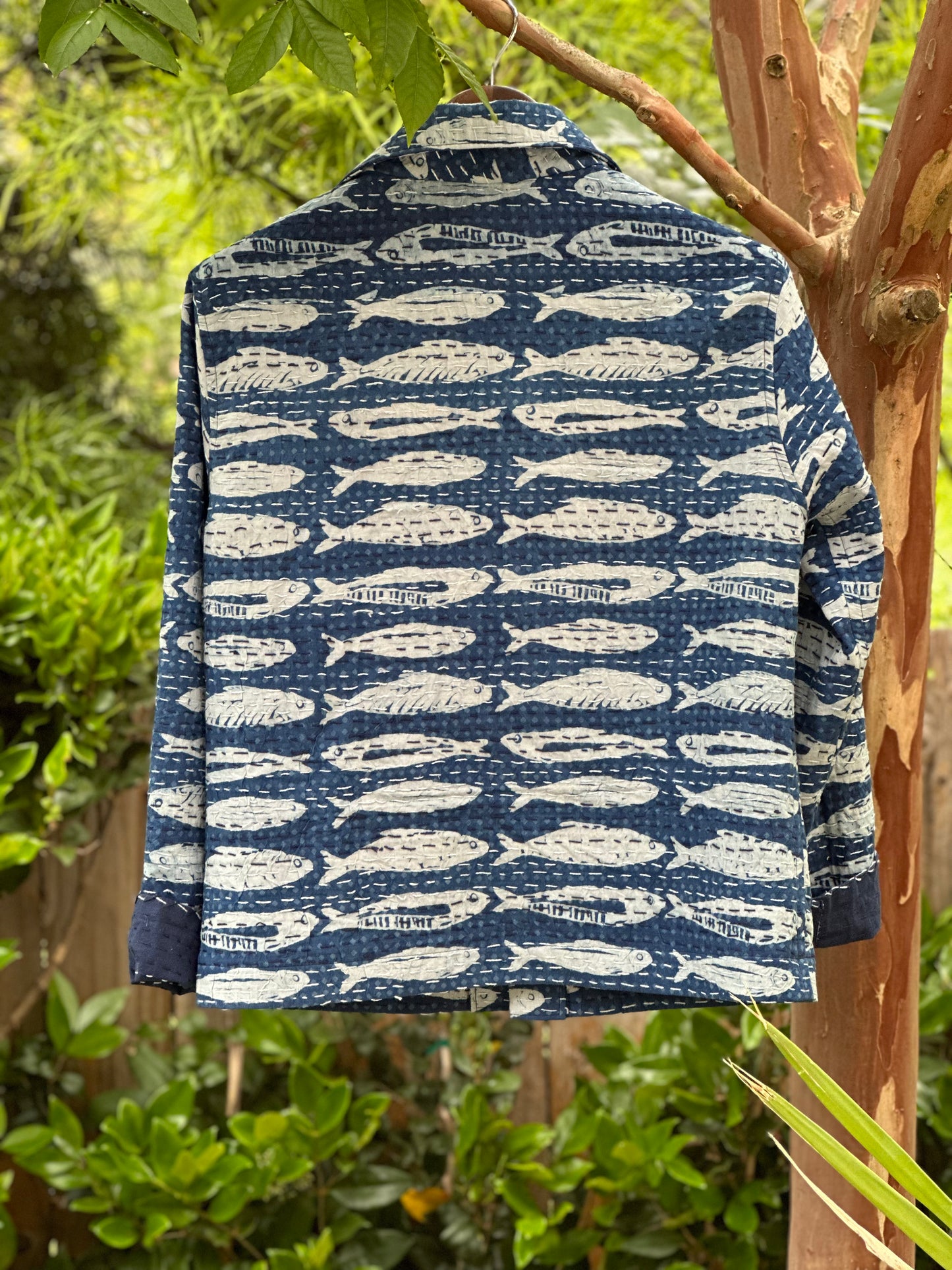 Blue Indigo Cotton Kantha Quilt Gudari Campfire Coat Small