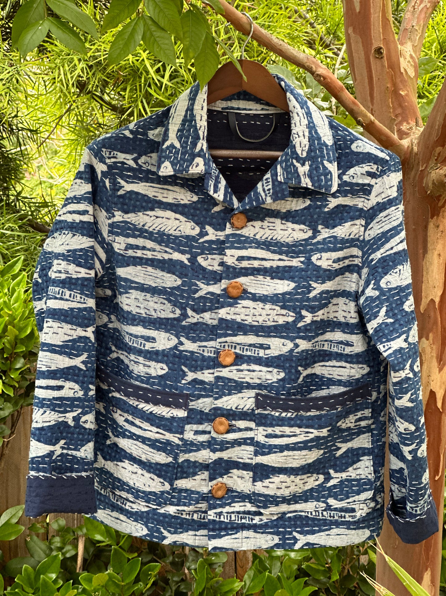 Blue Indigo Cotton Kantha Quilt Gudari Campfire Coat Small