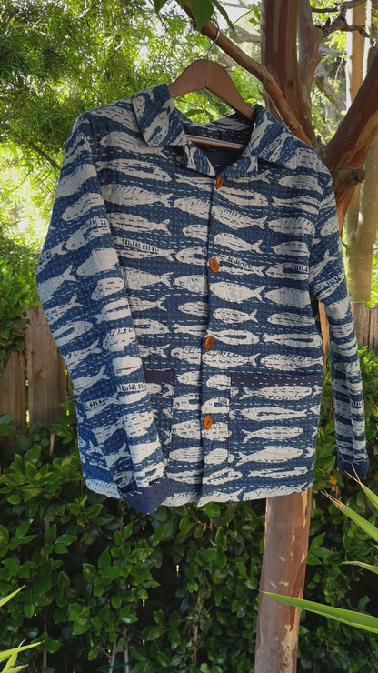 Large Blue Indigo Cotton Kantha Quilt Gudari Campfire Coat